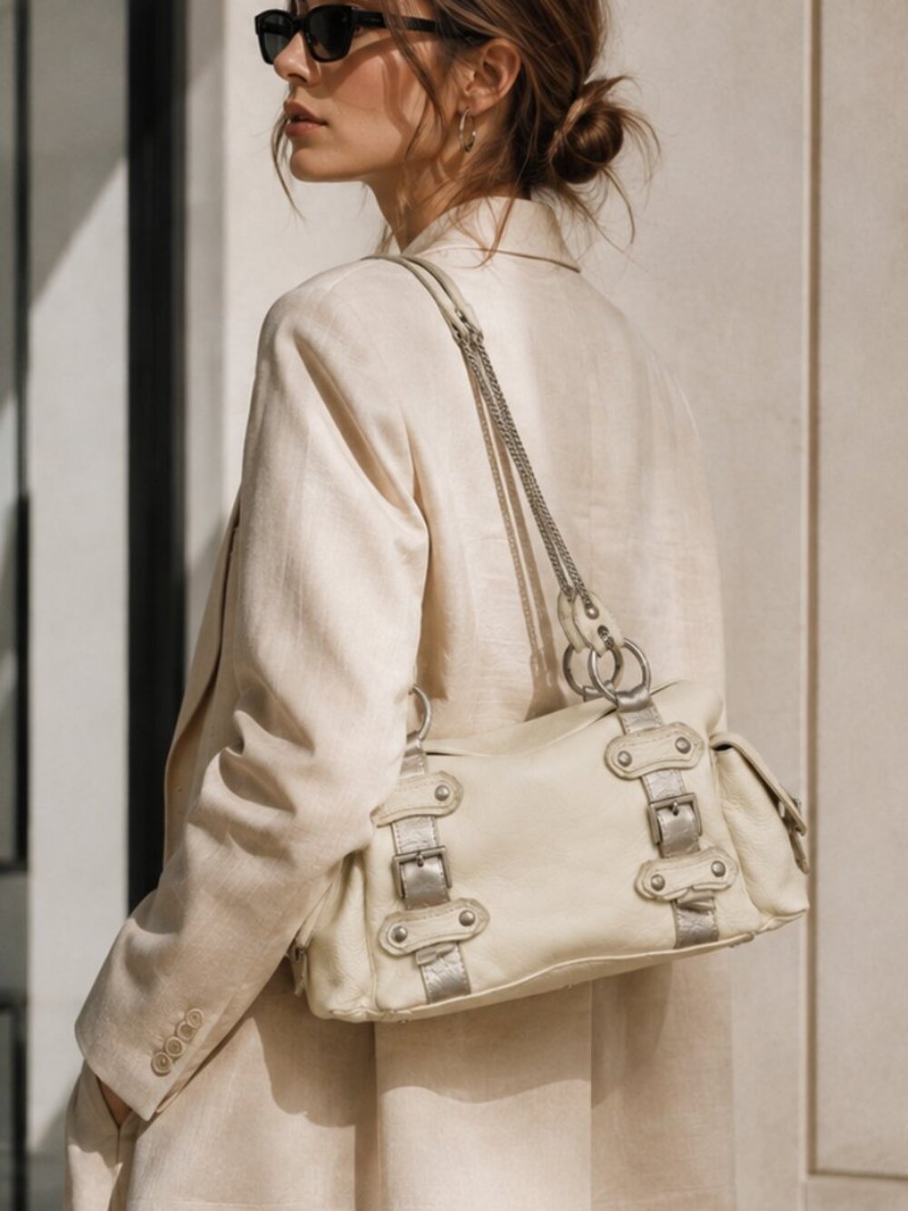 Gustto White Leather Shoulder Bag Silver Chain Y2K Moto Satchel
